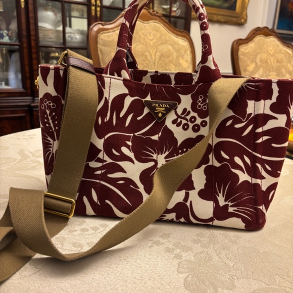 Prada Canapa Small Tote Bag – Burgundy & White Hibiscus Print - Picture 3 of 6